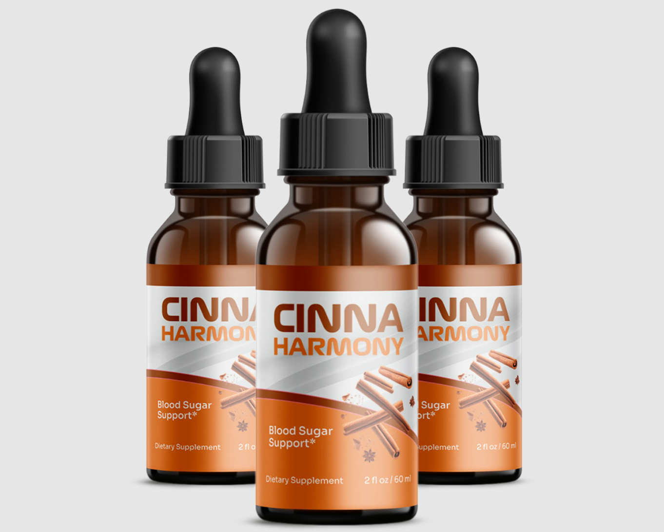 Three CinnaHarmony bottles — blood sugar support drops